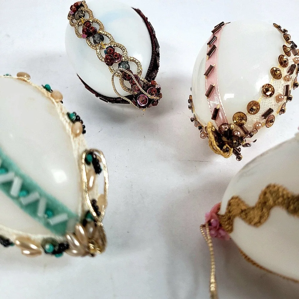Vintage Glass Beaded Eggs Ornaments Set of 4 Embellished‎ Handcrafted Pink Green